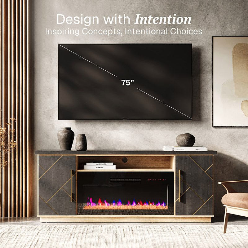 Belleze 68" Electric Fireplace TV Stand with Gold Trim