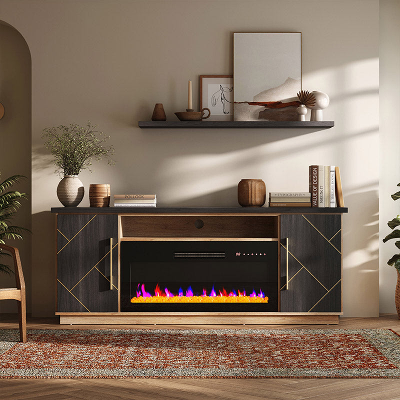 Belleze 68" Electric Fireplace TV Stand with Gold Trim