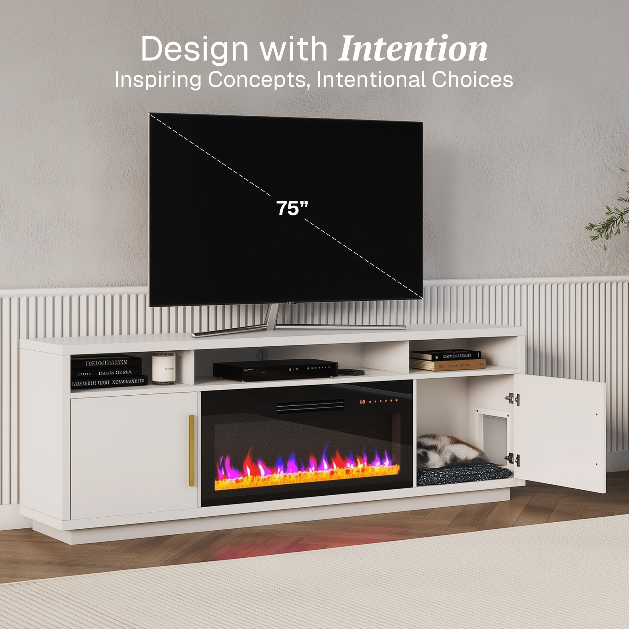 Belleze 79" White Electric Fireplace TV Stand with Cat House