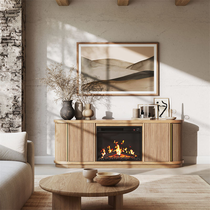 67" Sliding Tambour Doors Fluted Fireplace TV Stand