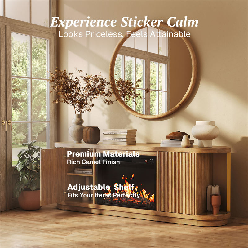 67" Sliding Tambour Doors Fluted Fireplace TV Stand