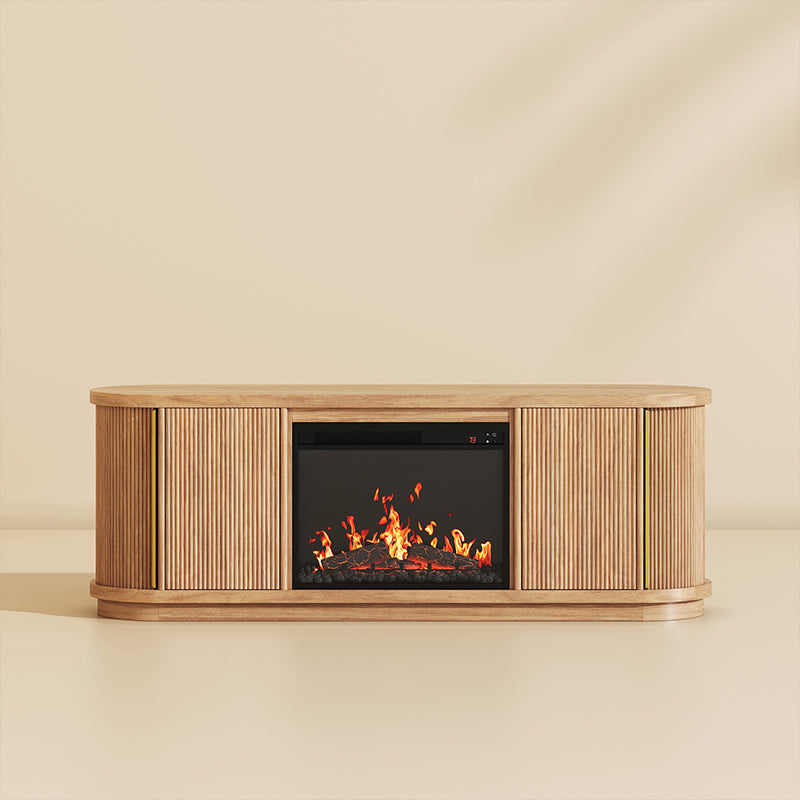 BELLEZE 67" Fluted TV Stand with Electric Fireplace & Sliding Tambour Doors