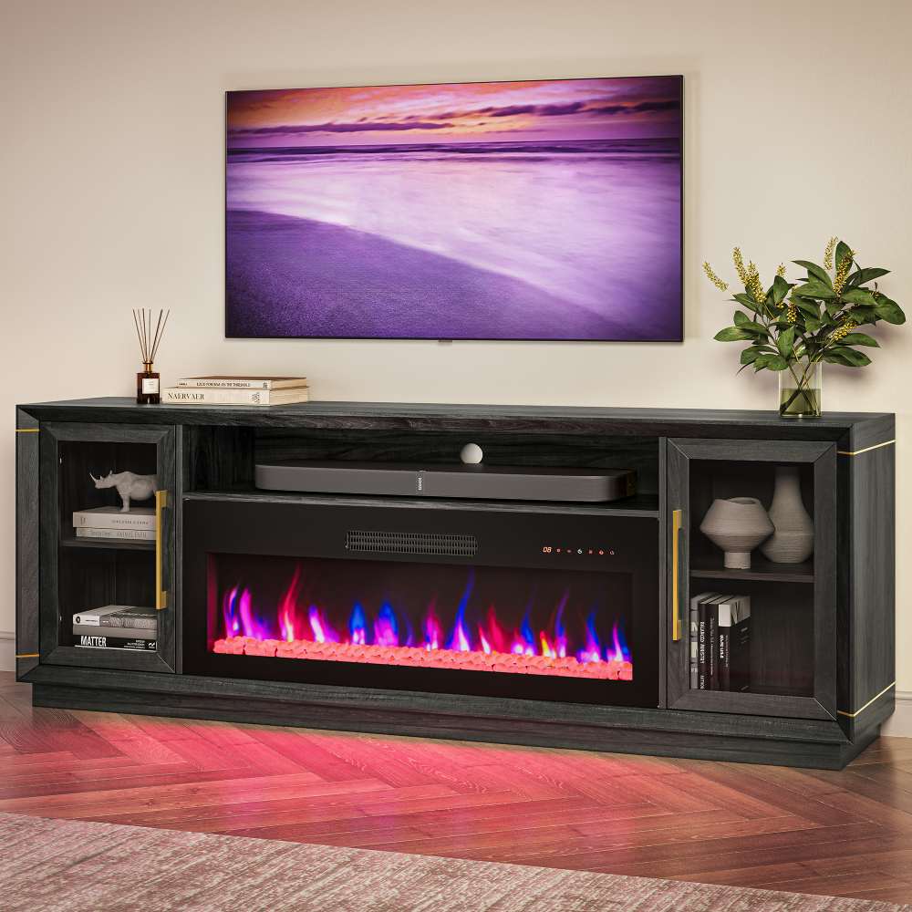 Sienna 74" Black Electric Fireplace TV Stand with Glass Doors