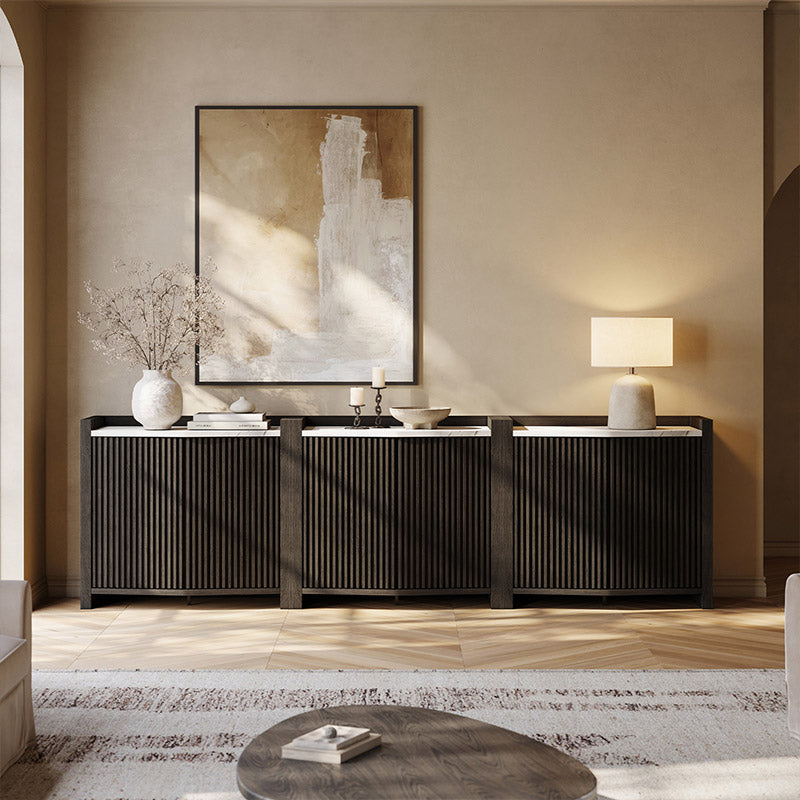Belleze Set of 3 35" Black Fluted Modular Sideboards with Faux Marble Top
