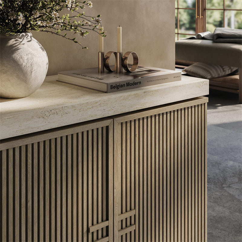 Anton 32" Fluted Buffet Cabinet with Travertine Top