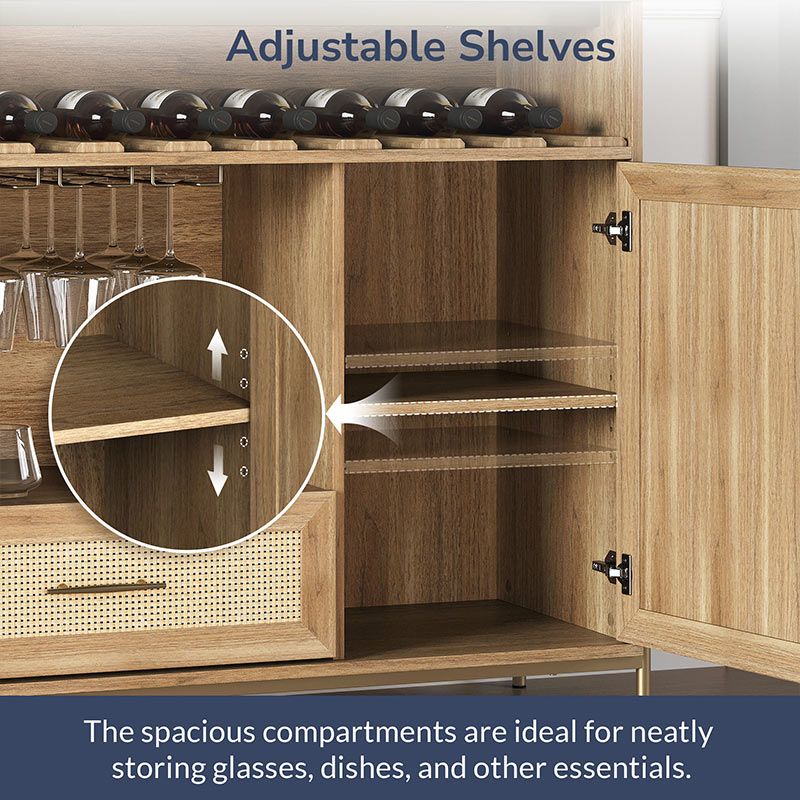 Marcel 55" Wine Bar Cabinet with Glass Rack & Rattan Doors