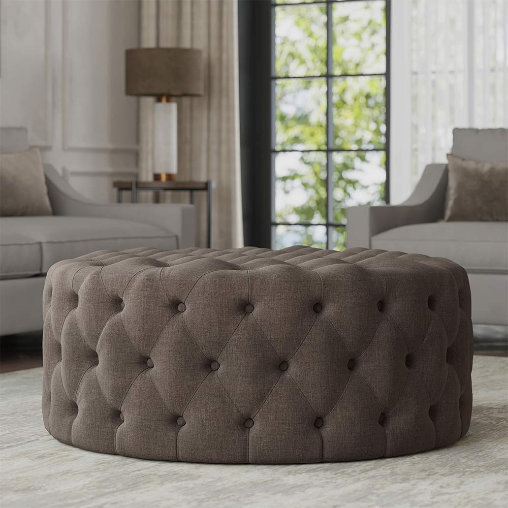 Elenor 29" Round Button-Tufted Ottoman