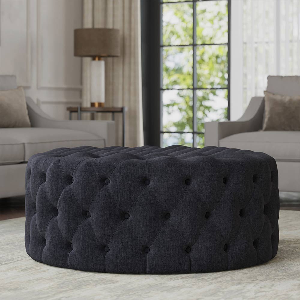 Elenor 29" Round Button-Tufted Ottoman