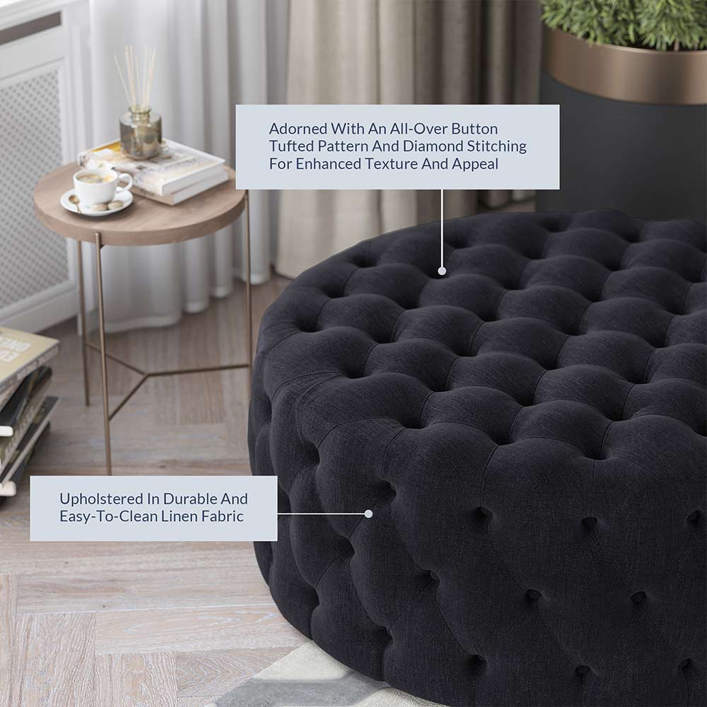 Elenor 29" Round Button-Tufted Ottoman