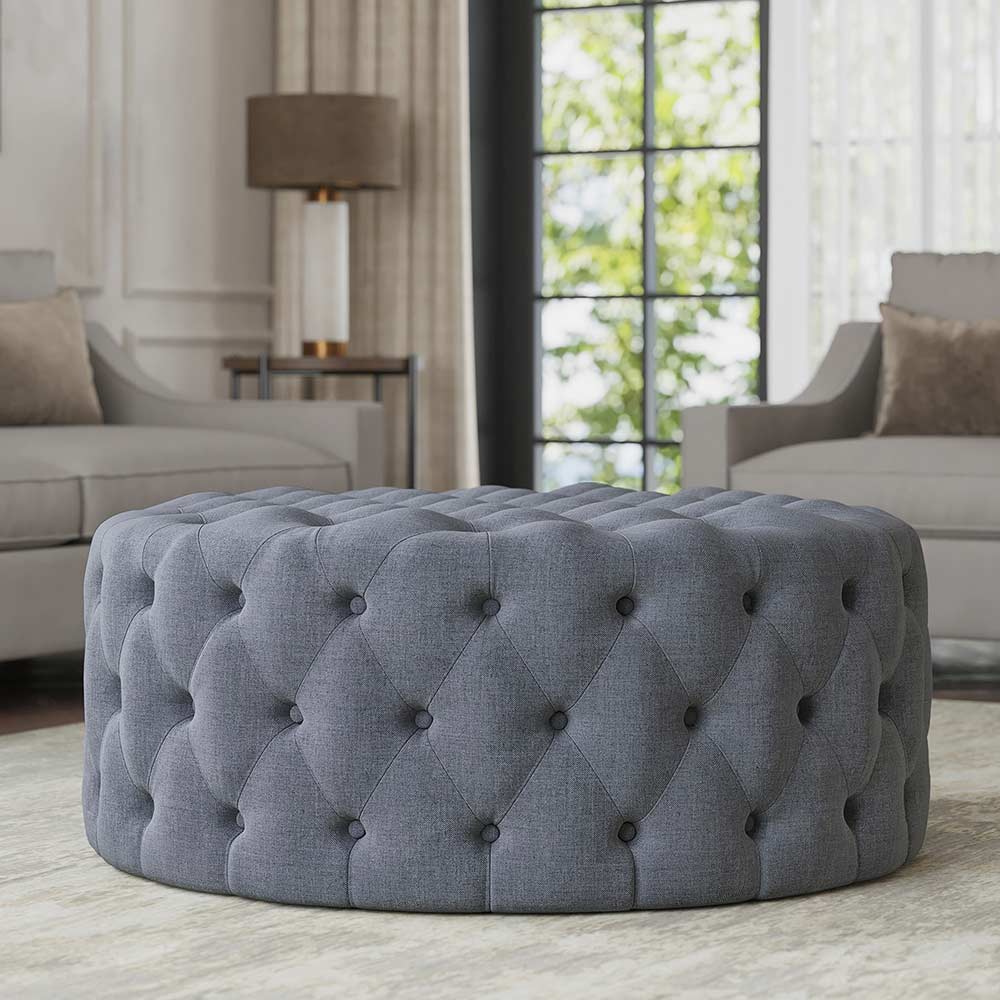 Elenor 29" Round Button-Tufted Ottoman