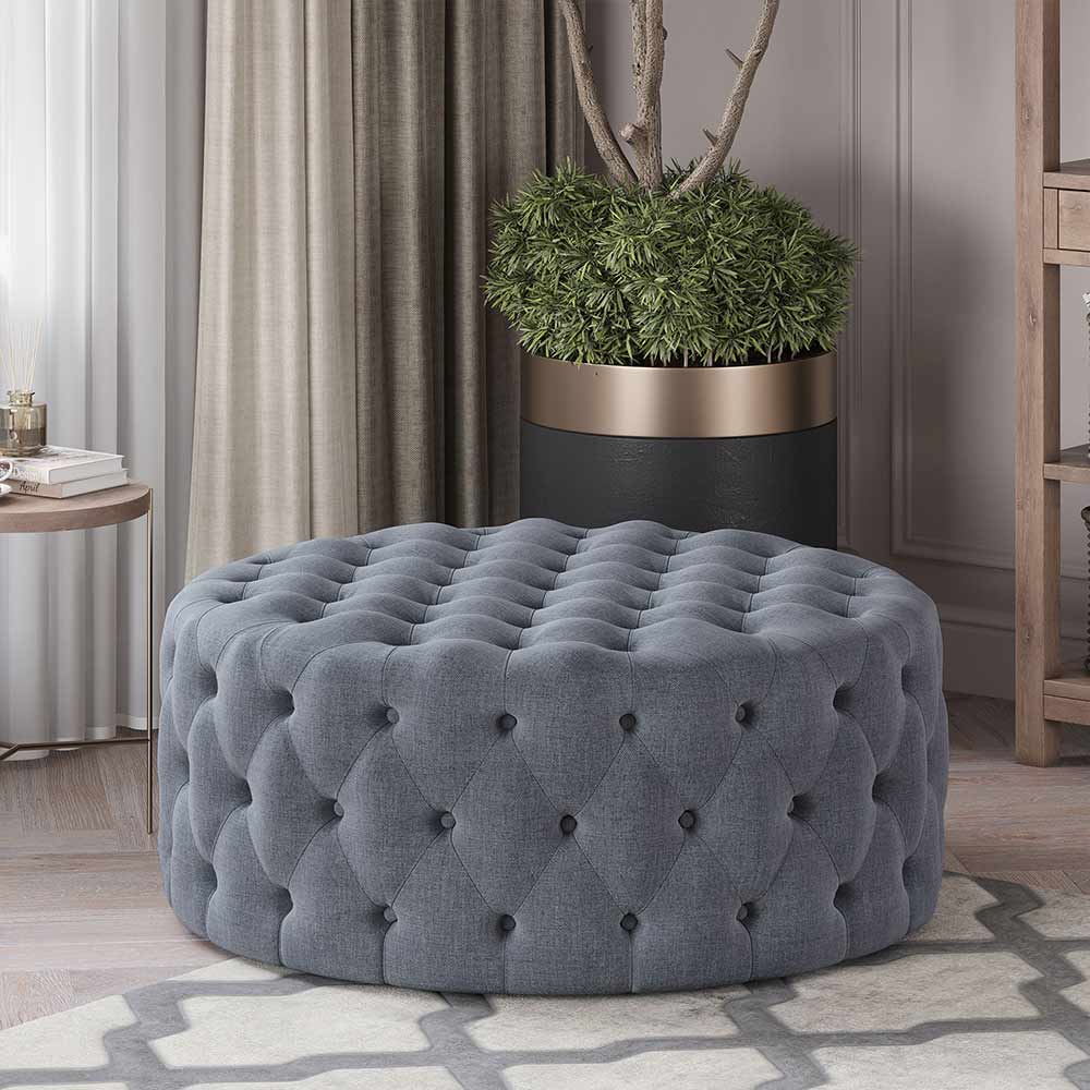 Elenor 29" Round Button-Tufted Ottoman
