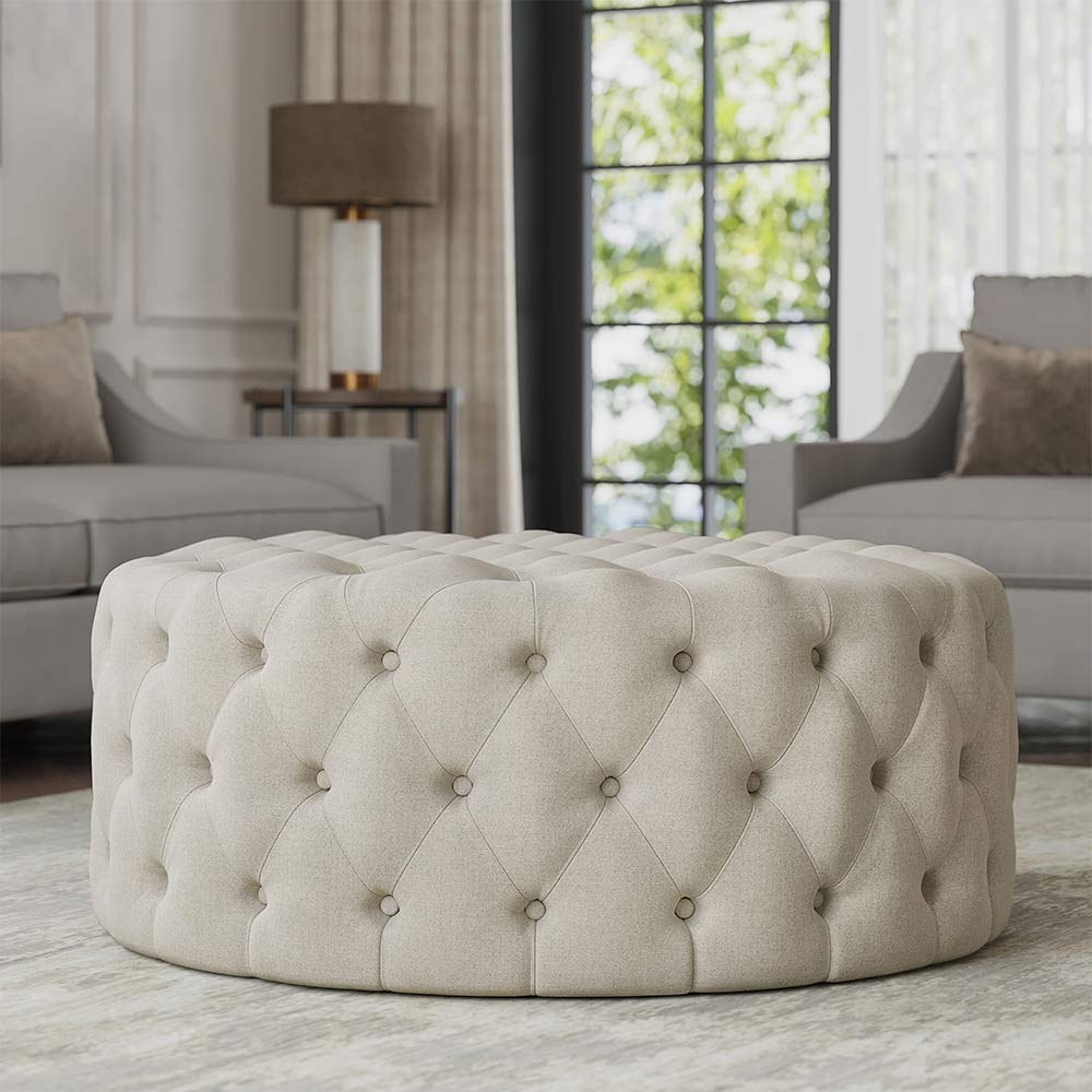 Elenor 29" Round Button-Tufted Ottoman