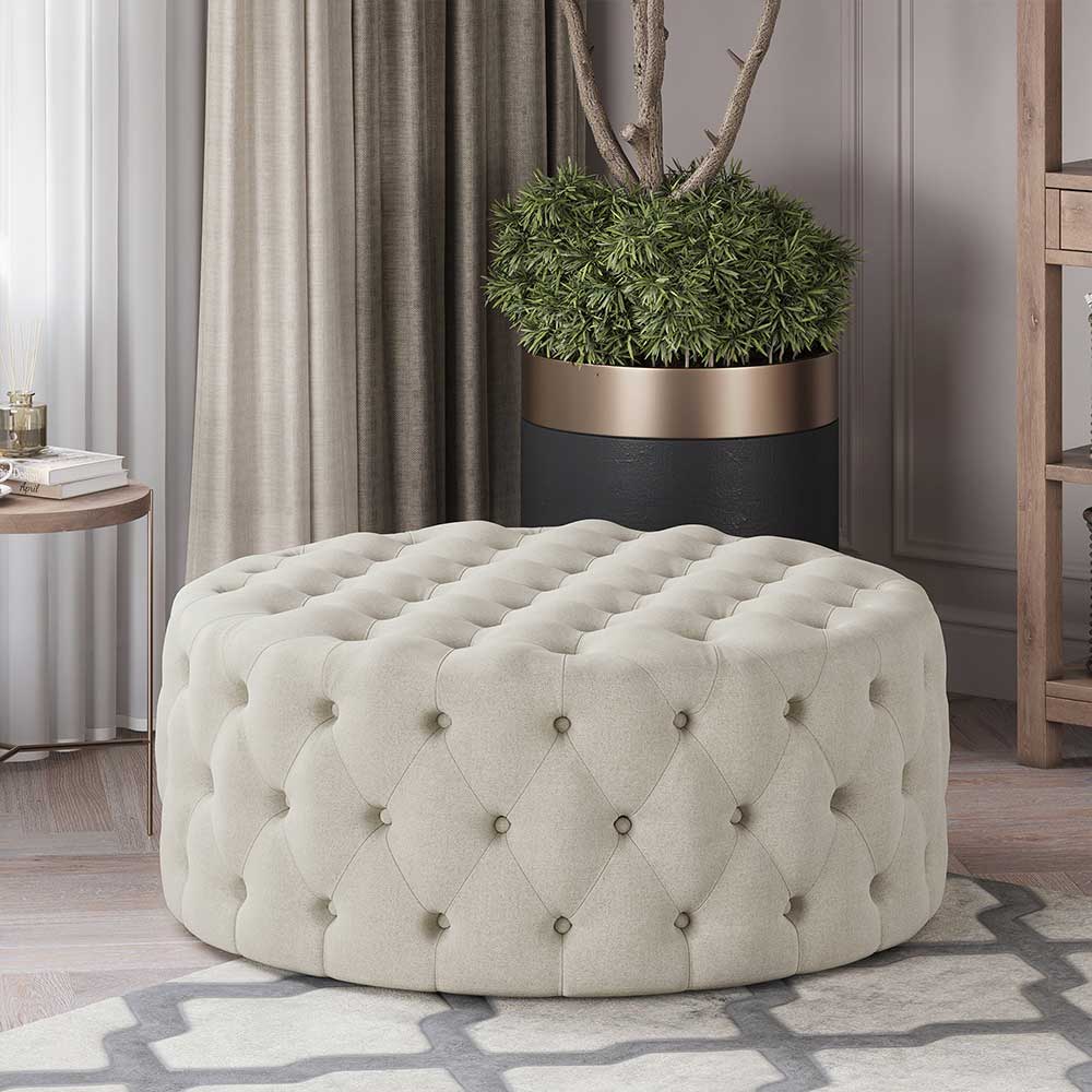 Elenor 29" Round Button-Tufted Ottoman
