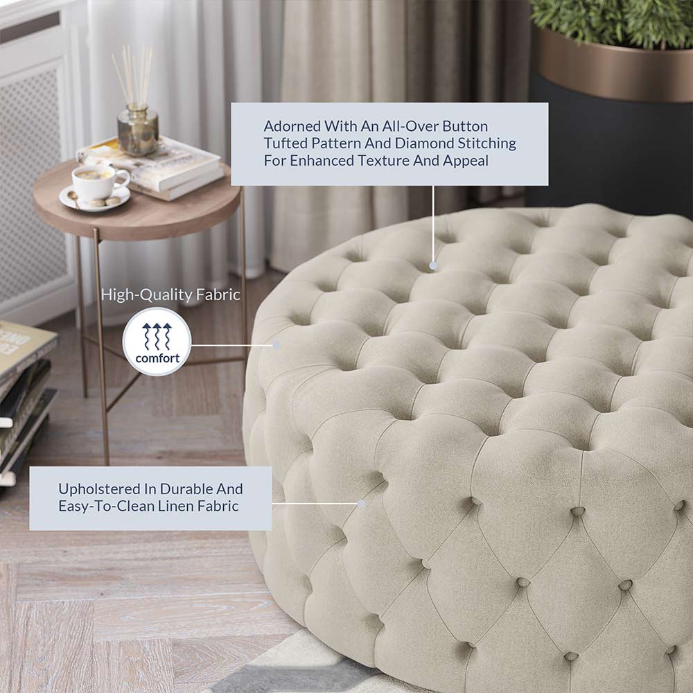 Elenor 29" Round Button-Tufted Ottoman