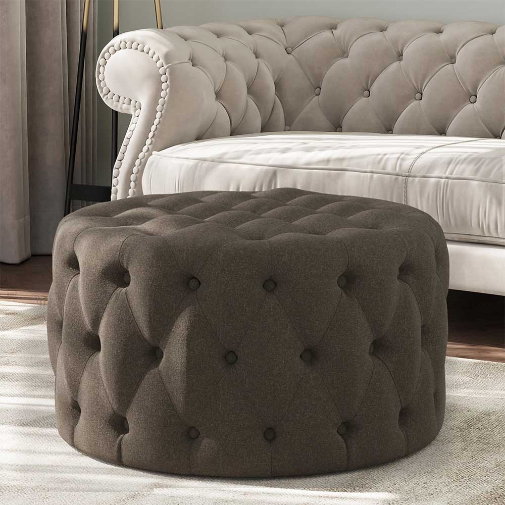 Elenor 29" Round Button-Tufted Ottoman