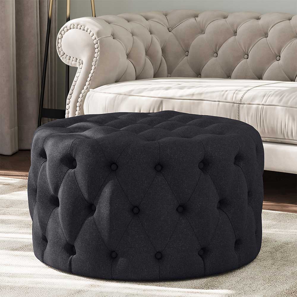 Elenor 29" Round Button-Tufted Ottoman