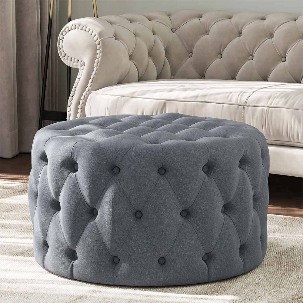 Elenor 29" Round Button-Tufted Ottoman