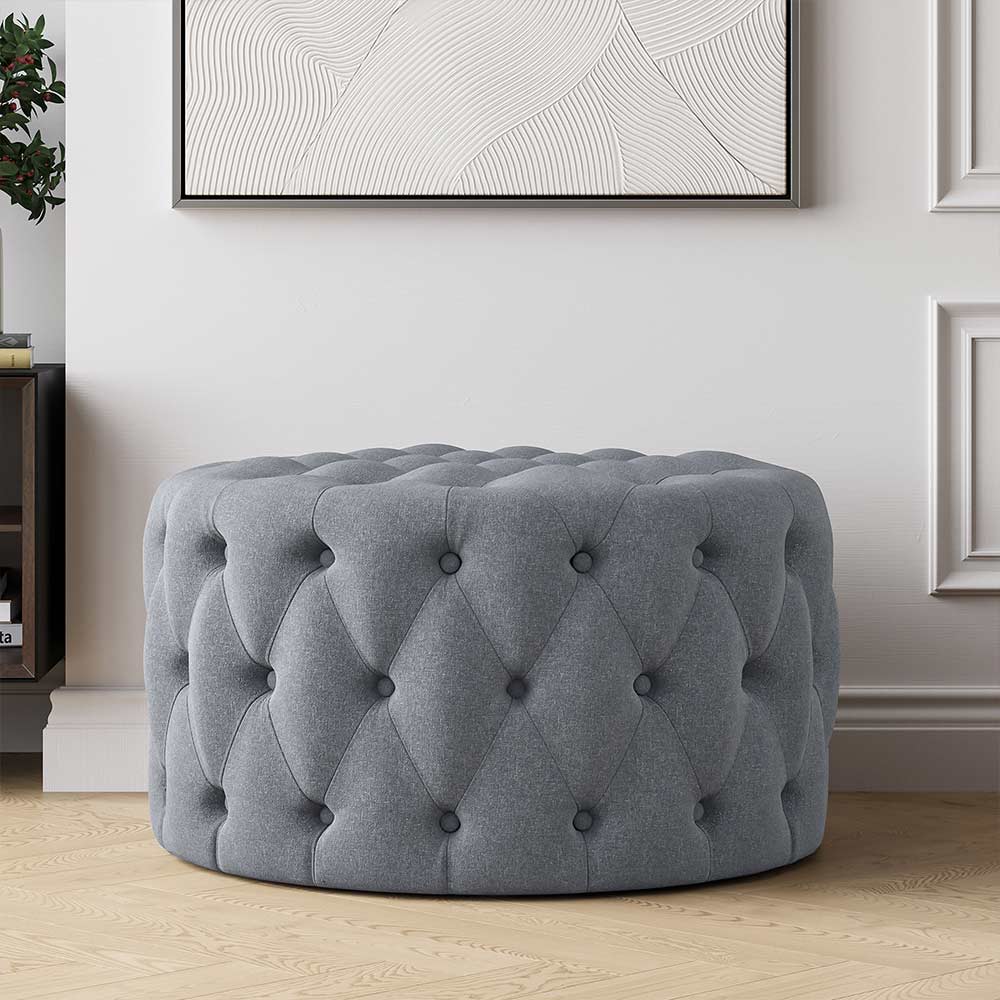 Elenor 29" Round Button-Tufted Ottoman
