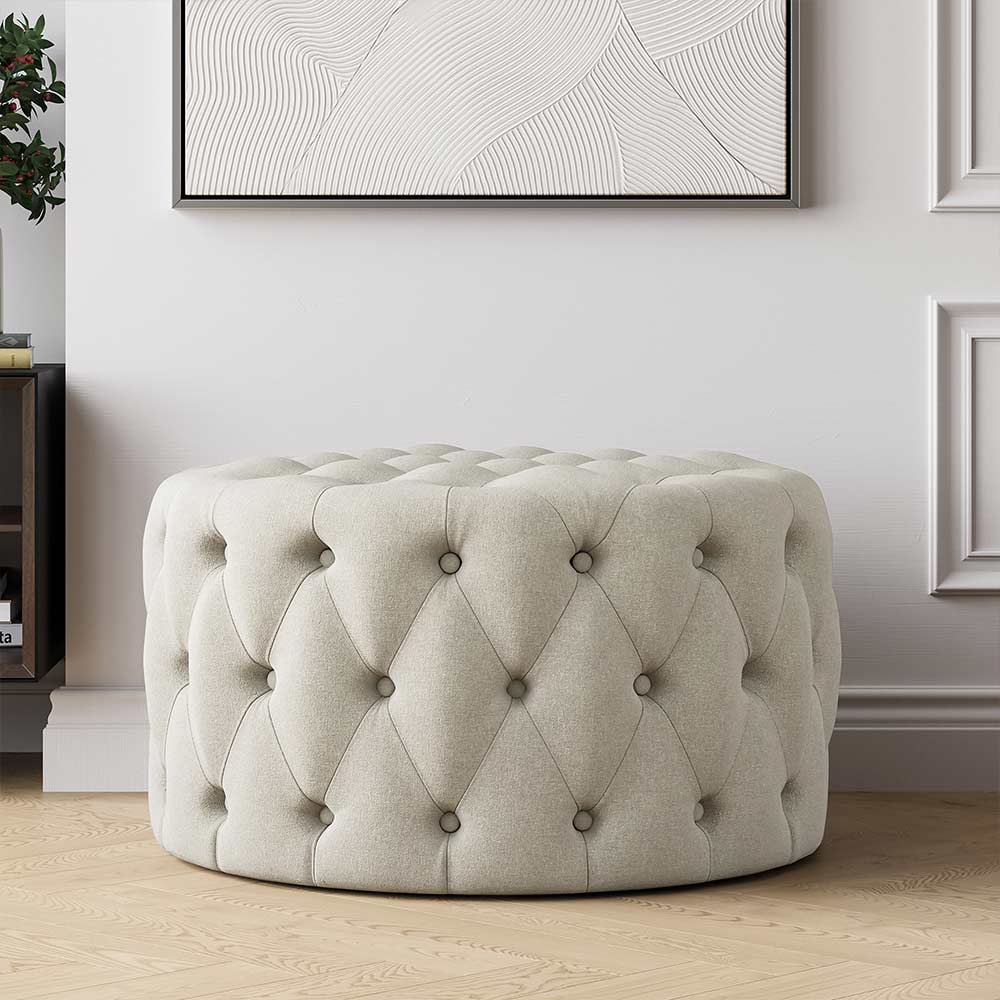 Elenor 29" Round Button-Tufted Ottoman