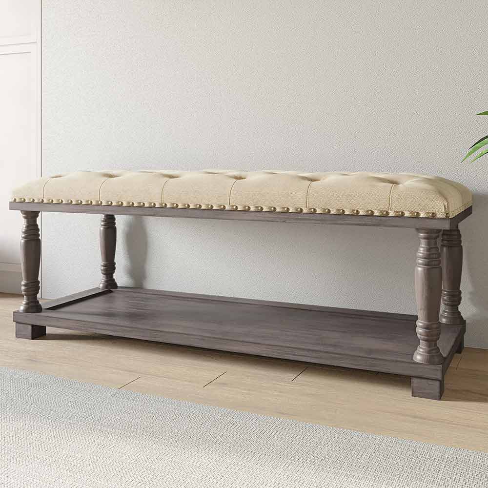 Modern 46 Inch Luxury Button Tufted Ottoman Bench With Storage Shelf