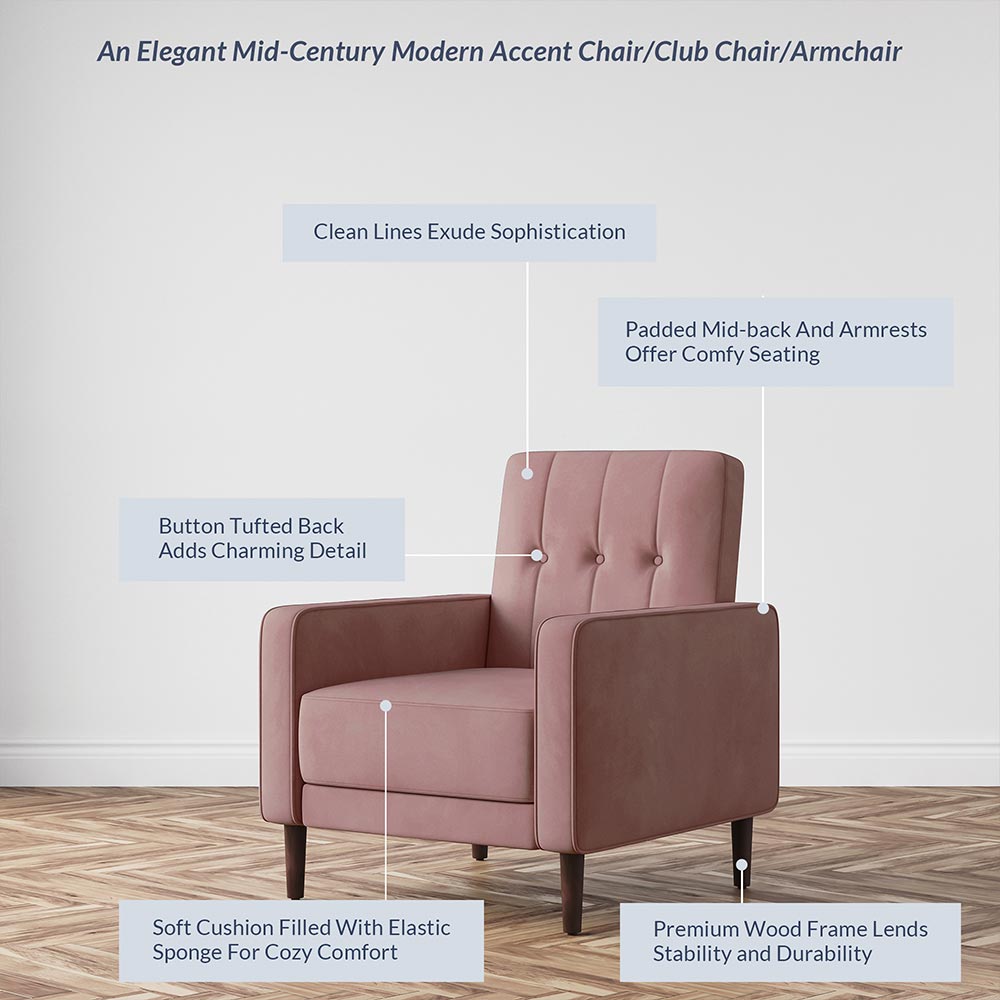 Valencia Mid Century Modern Velvet Accent Chair with Button Tufted Back