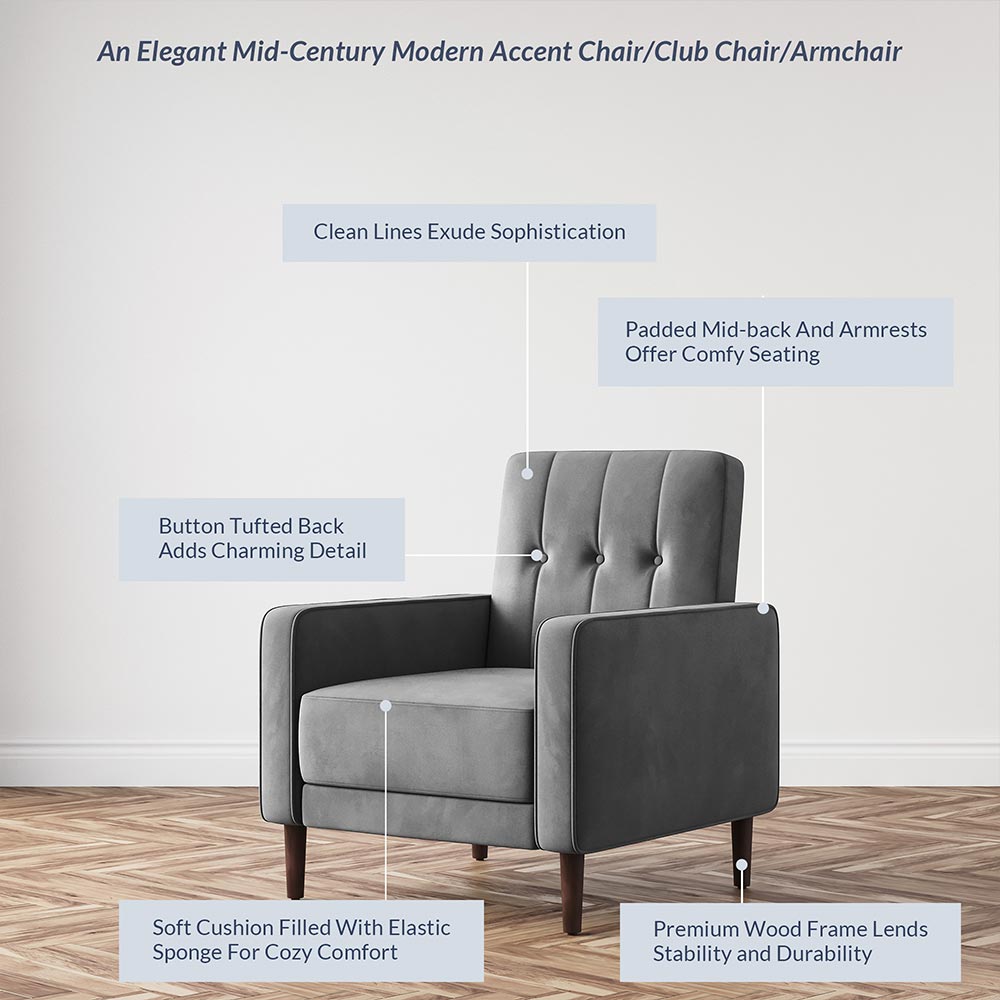 Valencia Mid Century Modern Velvet Accent Chair with Button Tufted Back