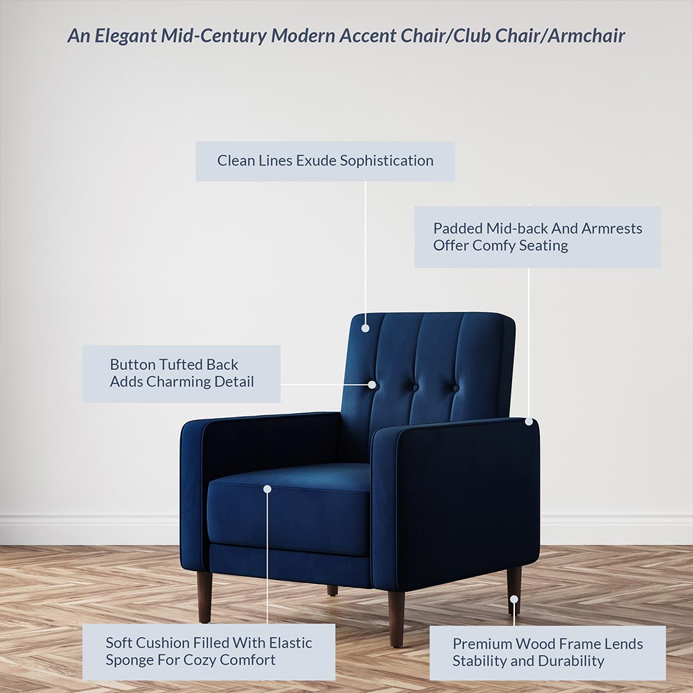 Valencia Mid Century Modern Velvet Accent Chair with Button Tufted Back