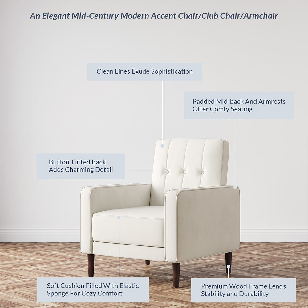 Valencia Mid Century Modern Velvet Accent Chair with Button Tufted Back