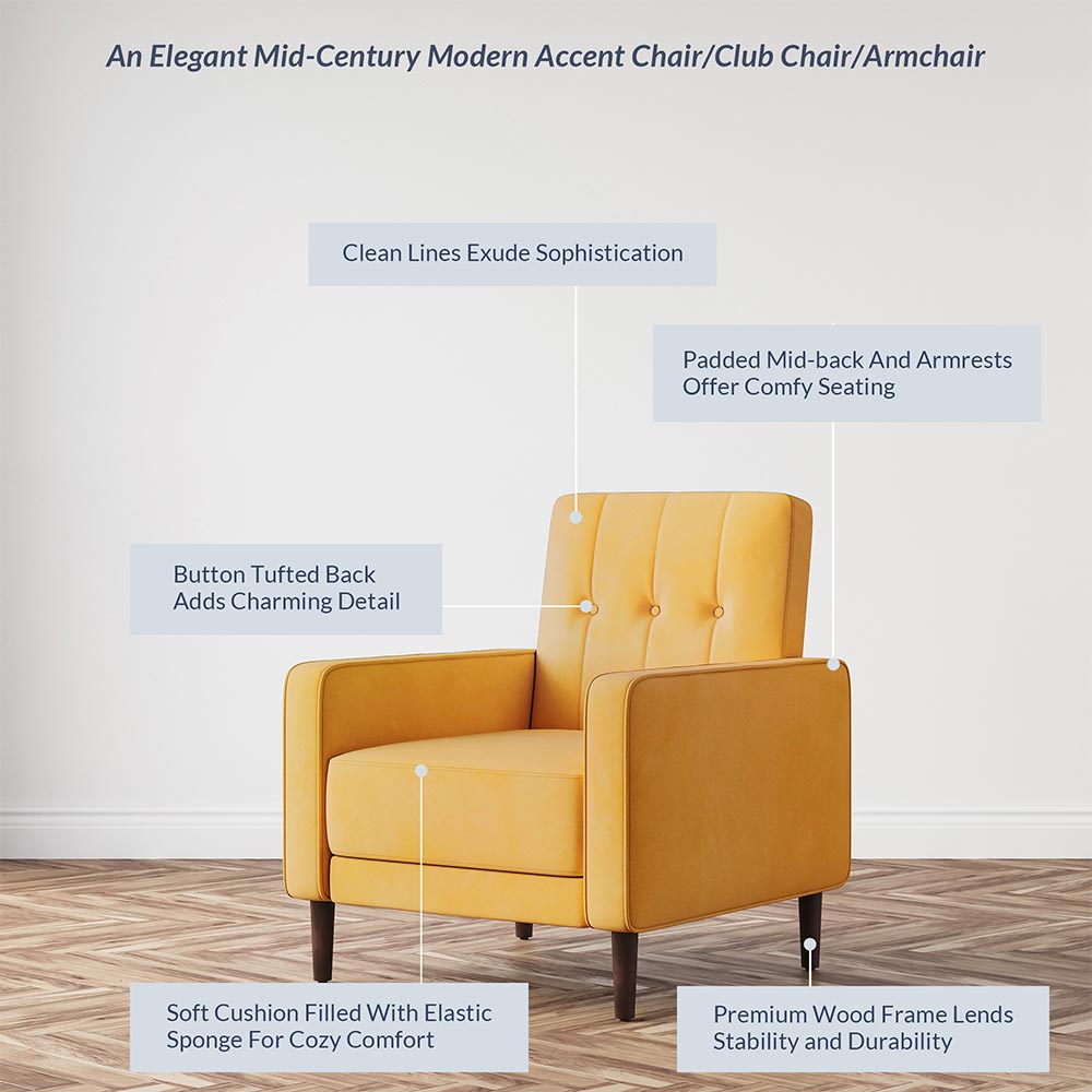 Valencia Mid Century Modern Velvet Accent Chair with Button Tufted Back