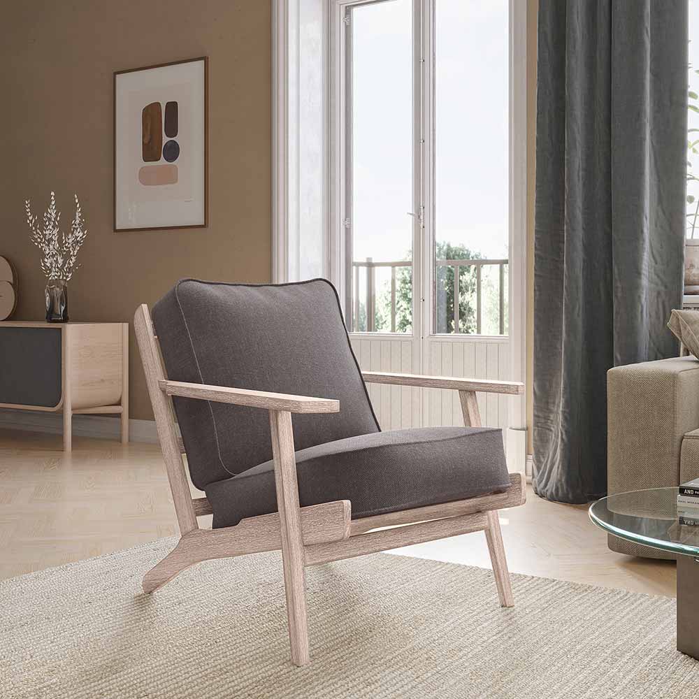 Maximus Mid-Century Modern Linen Armchair with Wooden Frame