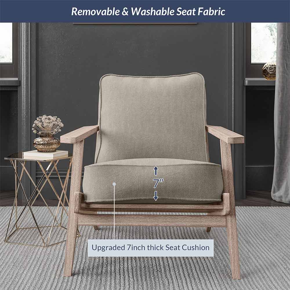 Maximus Mid-Century Modern Linen Armchair with Wooden Frame