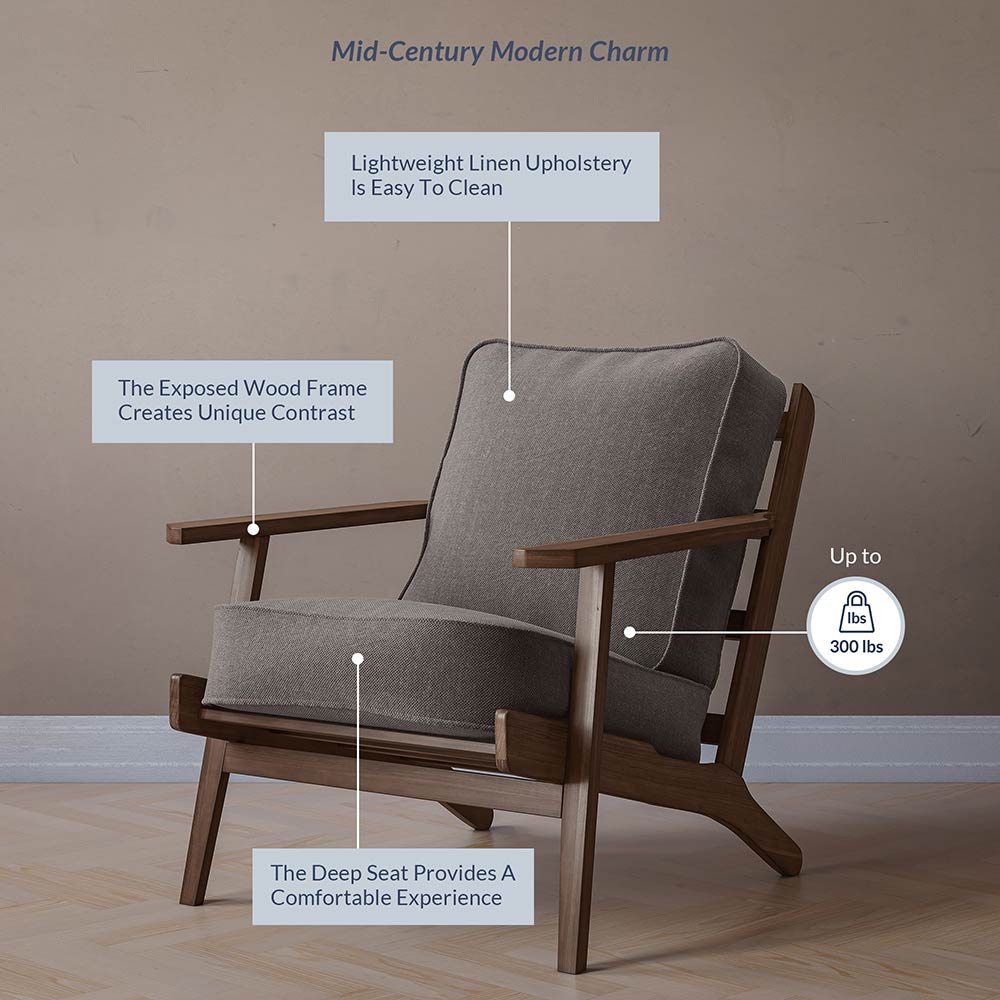 Maximus Mid-Century Modern Linen Armchair with Wooden Frame