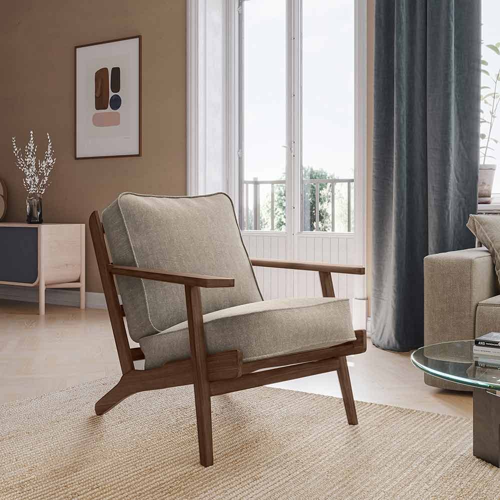 Maximus Mid-Century Modern Linen Armchair with Wooden Frame