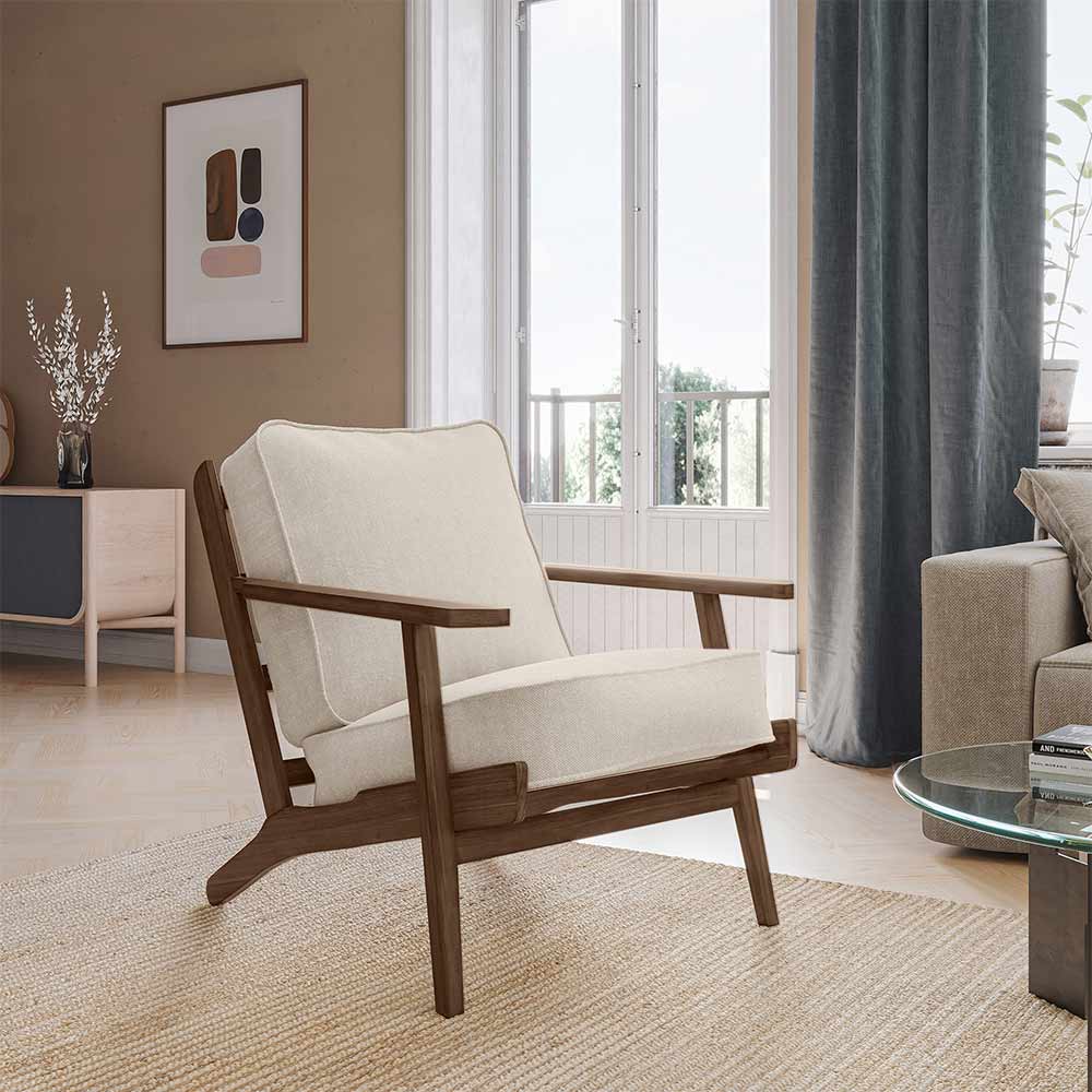 Maximus Mid-Century Modern Linen Armchair with Wooden Frame