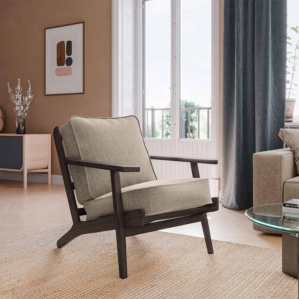 Maximus Mid-Century Modern Linen Armchair with Wooden Frame