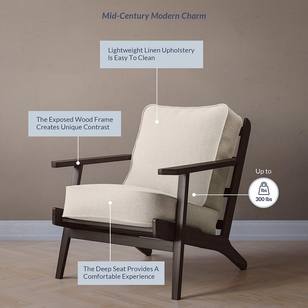 Maximus Mid-Century Modern Linen Armchair with Wooden Frame