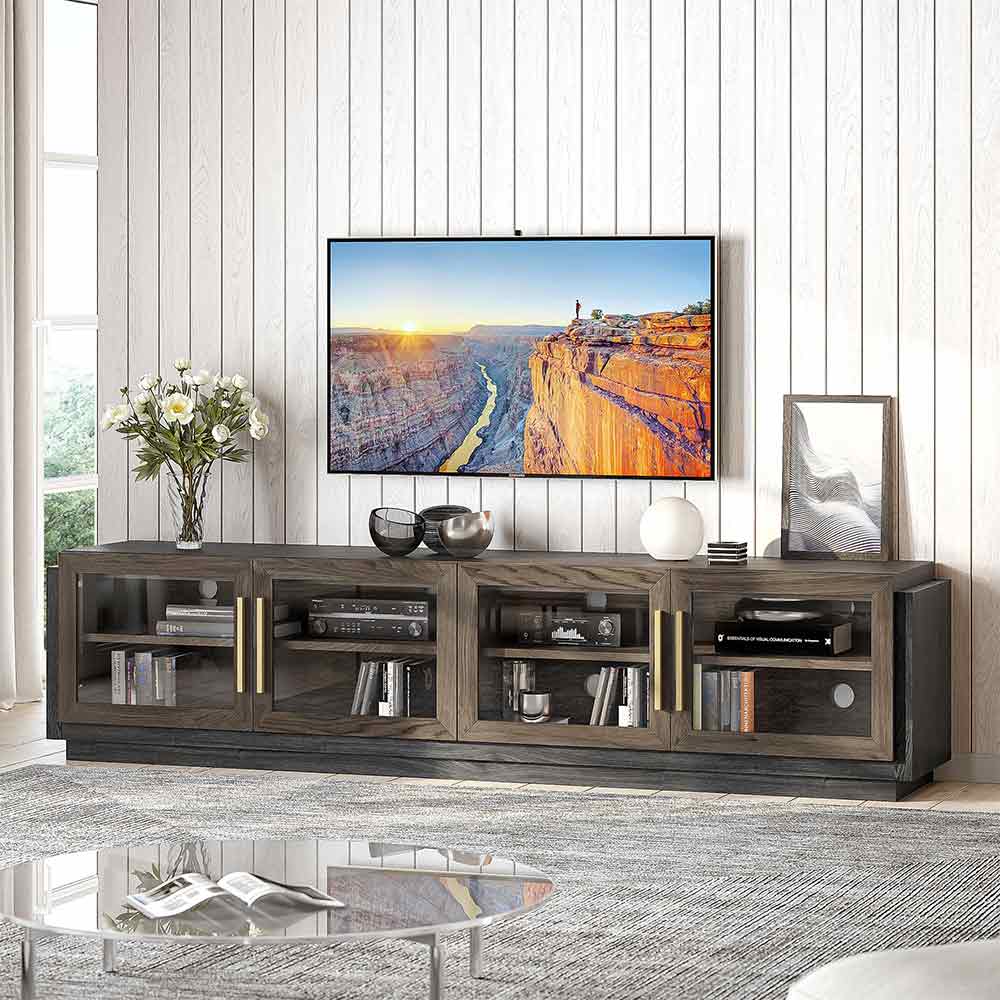 Brixston Modern TV Stand with Glass Doors for TVs up to 90″