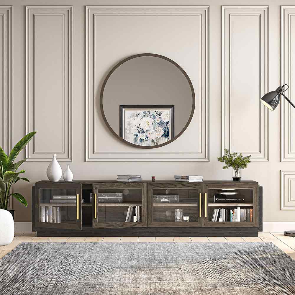 Brixston Modern TV Stand with Glass Doors for TVs up to 90″