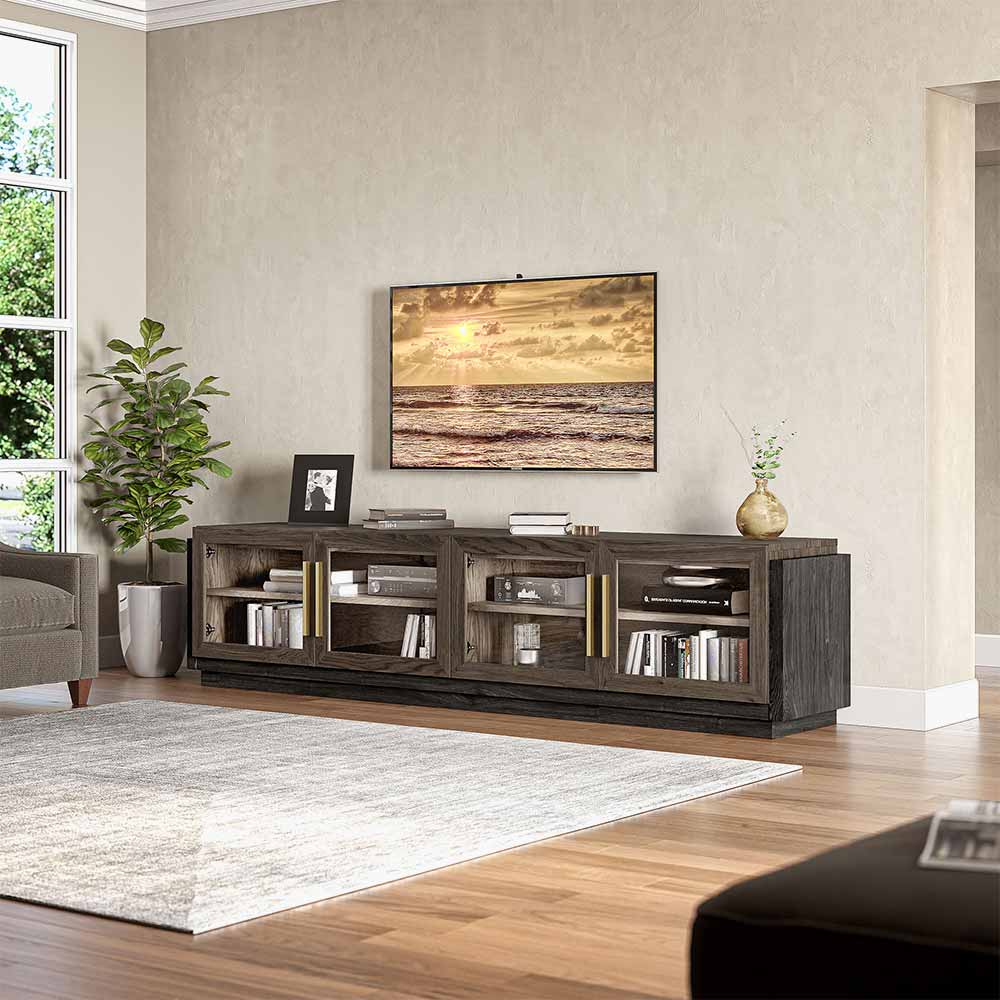 Brixston Modern TV Stand with Glass Doors for TVs up to 90″