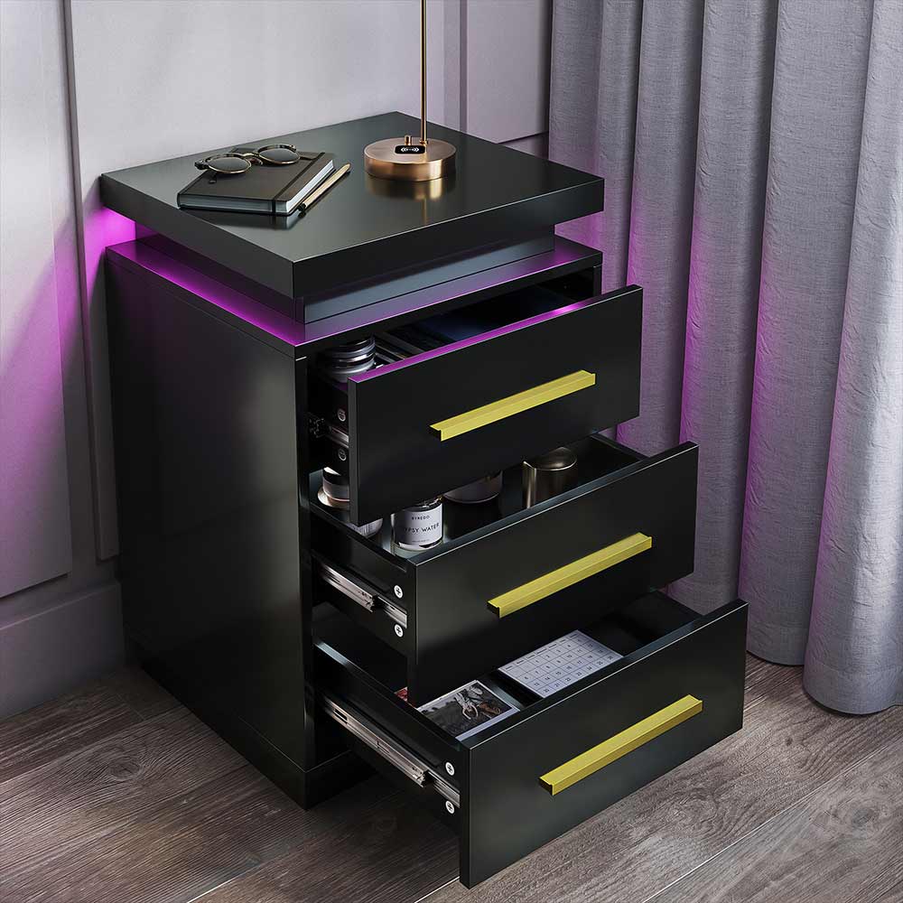 Zoey Modern LED Nightstands with 3 Drawers (Set of 2)