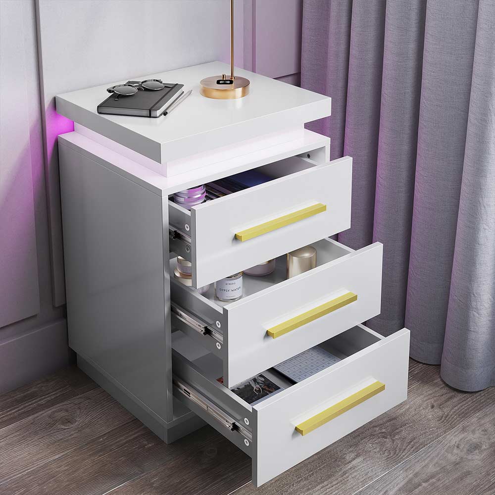 Zoey Modern LED Nightstands with 3 Drawers (Set of 2)