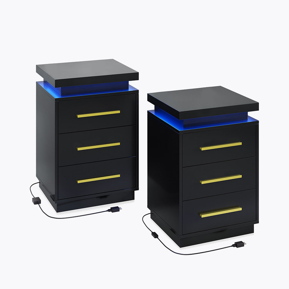 Zoey Modern LED Nightstands with 3 Drawers (Set of 2)