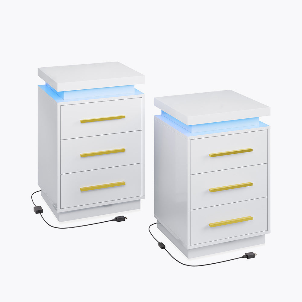 Zoey Modern LED Nightstands with 3 Drawers (Set of 2)