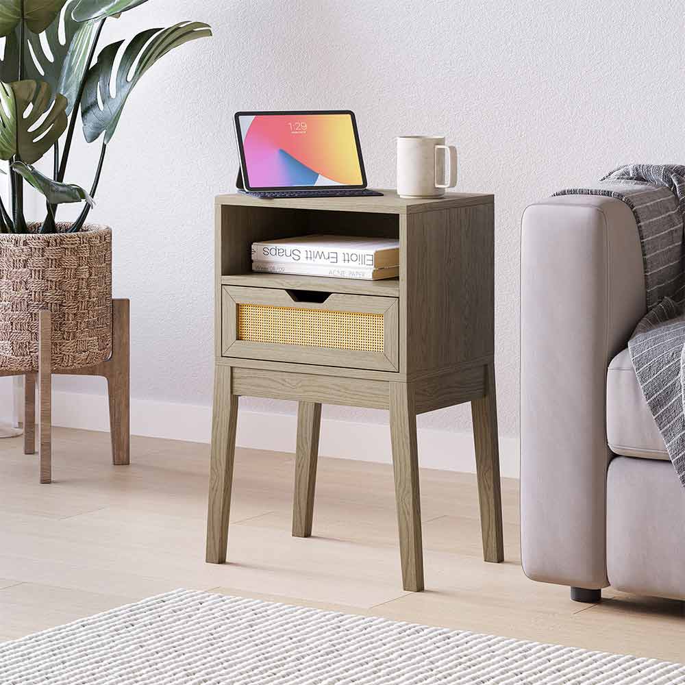 Carl Small Side Table with USB Port & Rattan Drawer