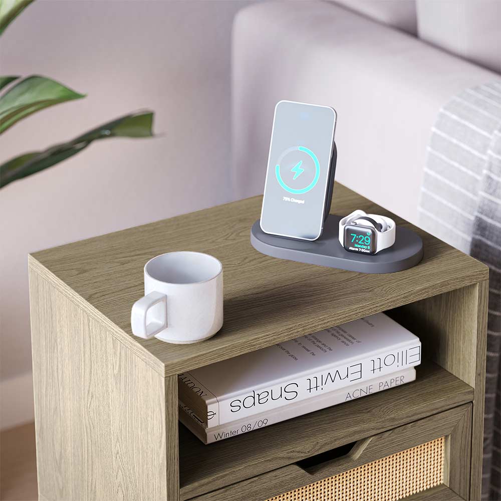 Carl Small Side Table with USB Port & Rattan Drawer