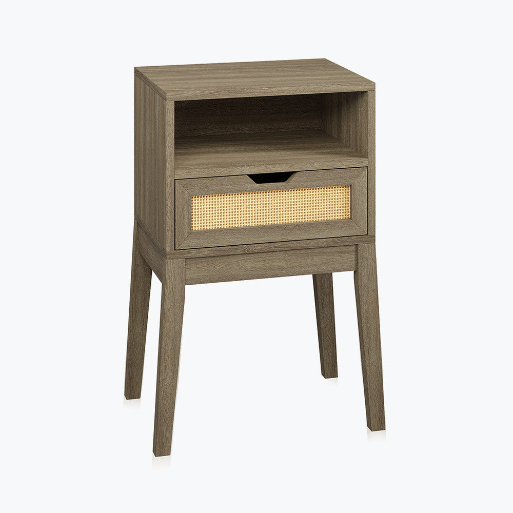 Carl Small Side Table with USB Port & Rattan Drawer