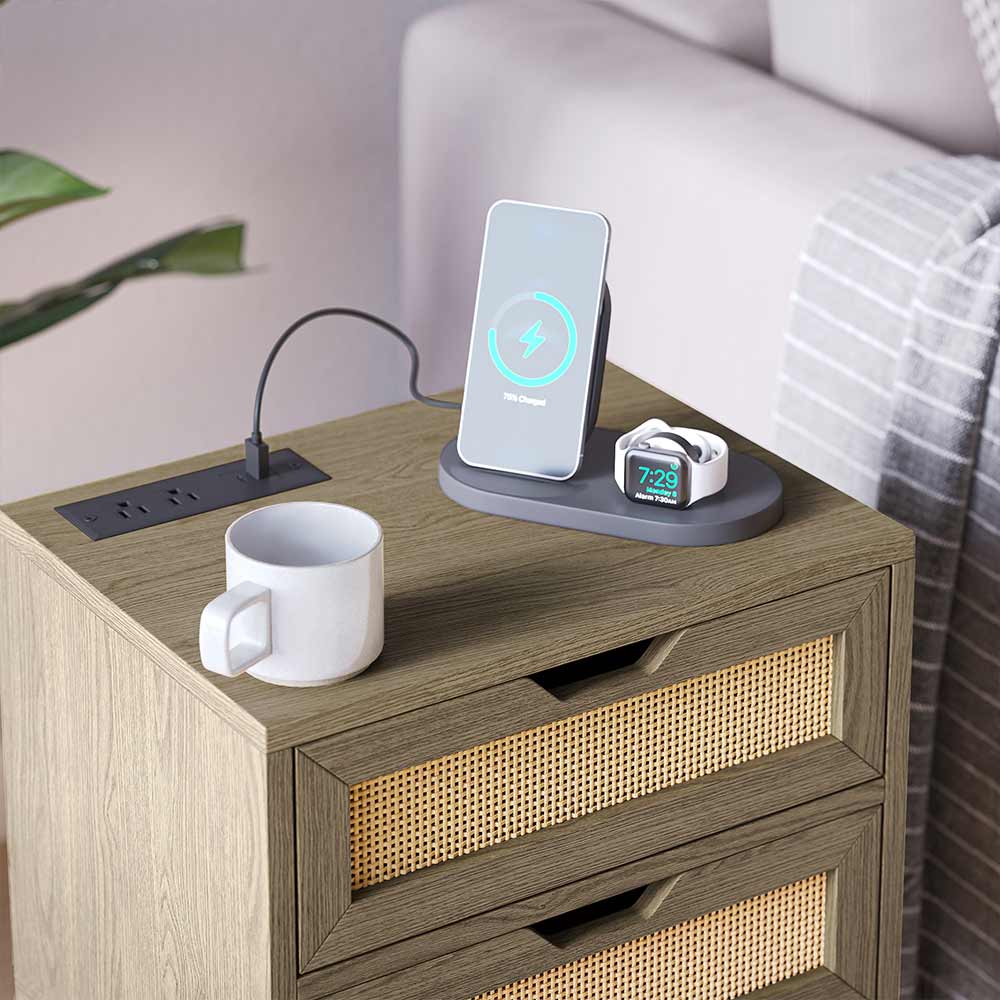 Carl Small End Table with 2 Rattan Drawers & Charging Station