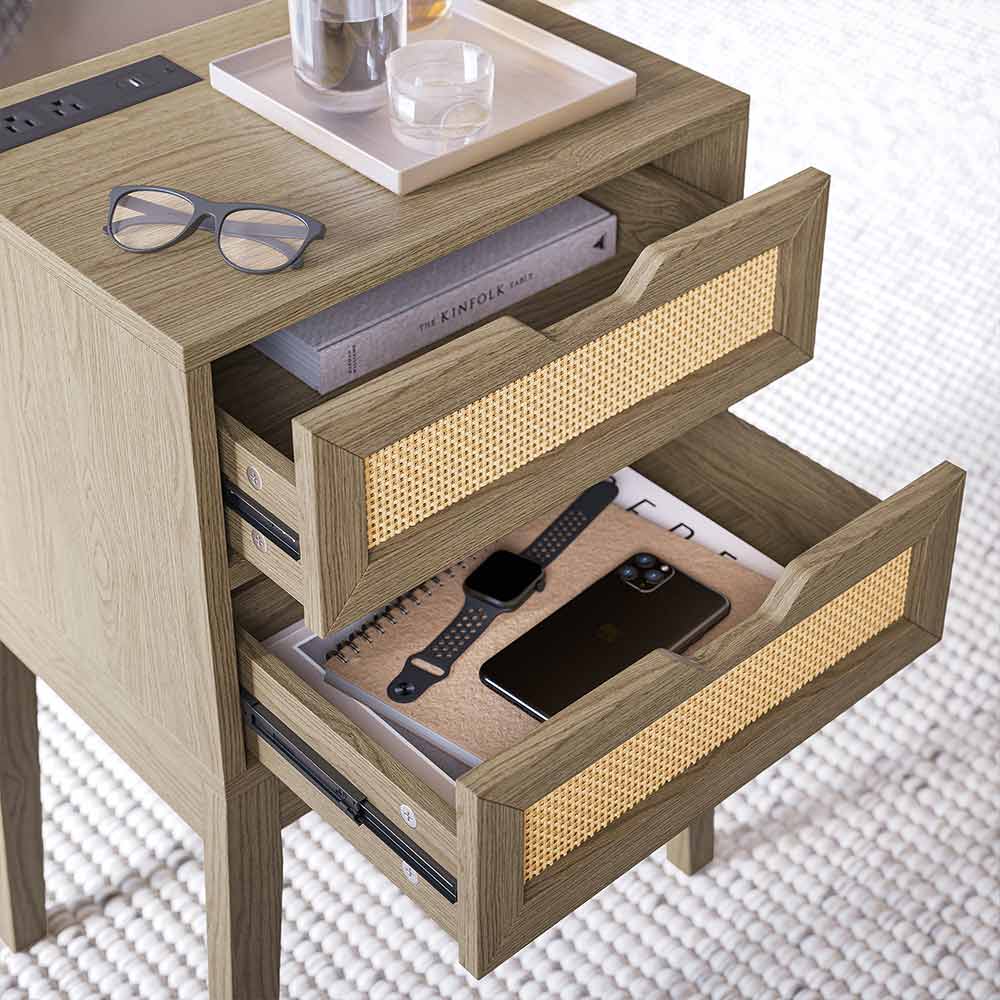 Carl Small End Table with 2 Rattan Drawers & Charging Station