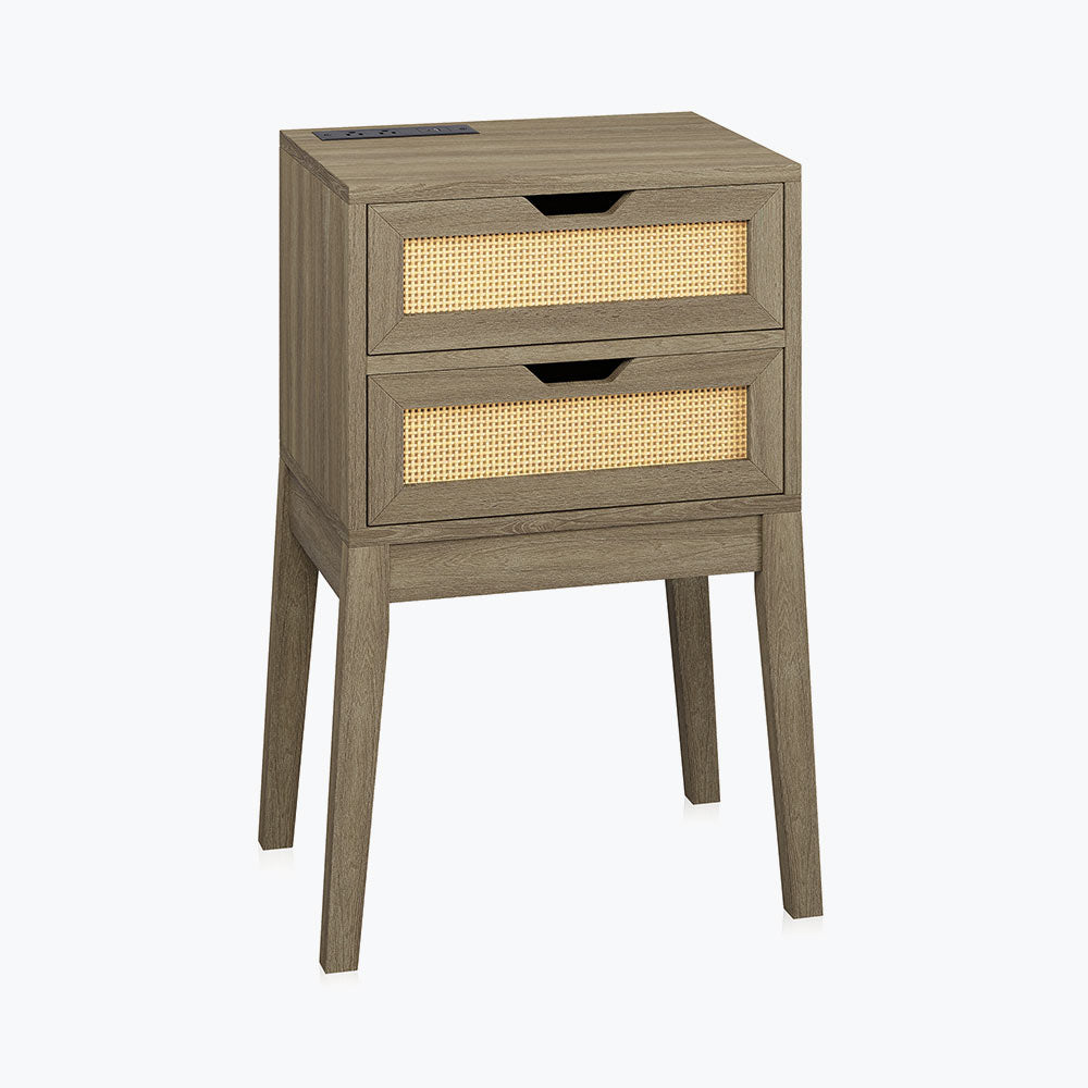 Carl Small End Table with 2 Rattan Drawers & Charging Station