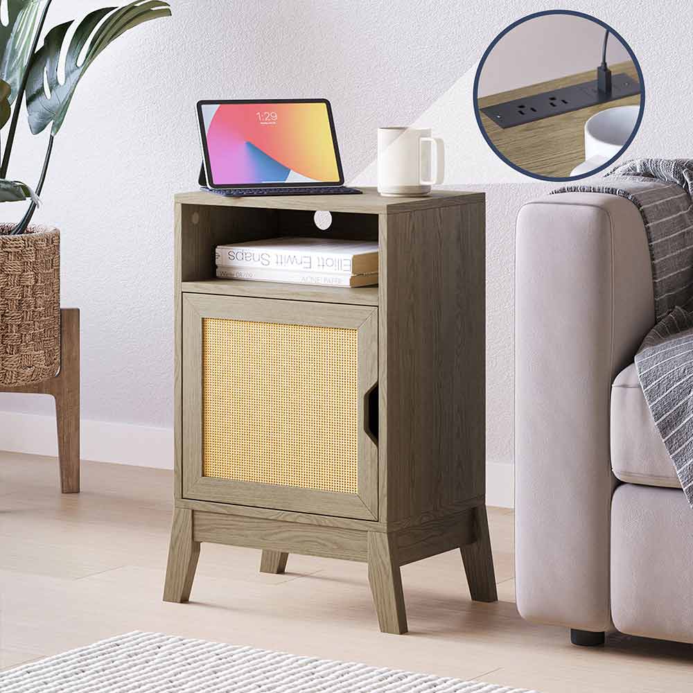 Carl Accent Table with Rattan Door and USB Charging